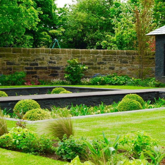 Sunken garden, scorched oak boardwalk, designed by Carolyn Grohmann