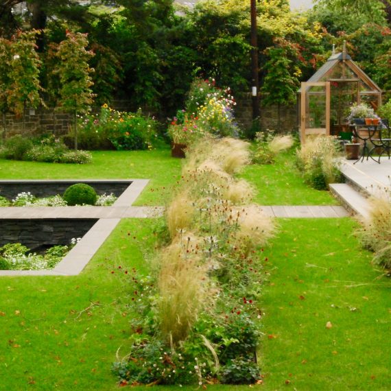 Sunken garden, rill water feature, Gabriel Ash greenhouse, garden designed by Carolyn Grohmann
