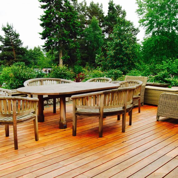 Cedar deck overlooking garden, designed by Carolyn Grohmann