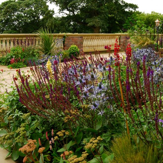 Top terrace with herbaceous borders, designed by Carolyn Grohmann