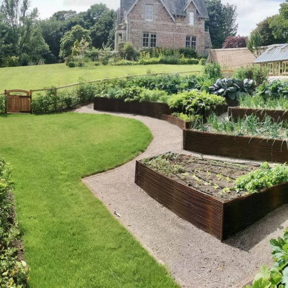 Woven rebar raised beds in walled kitchen garden