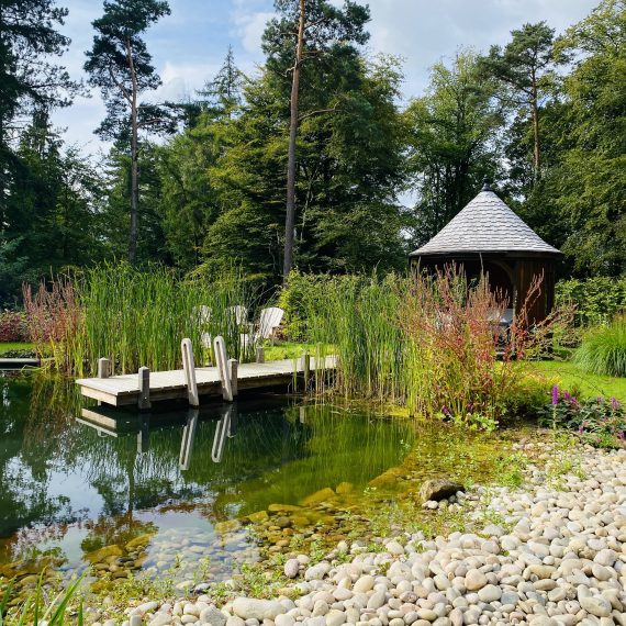 Swimming pond with jetty and ladder