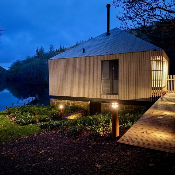 Boathouse and lake at dusk