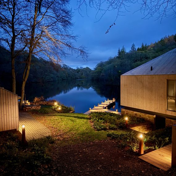 Boathouse and lake at dusk