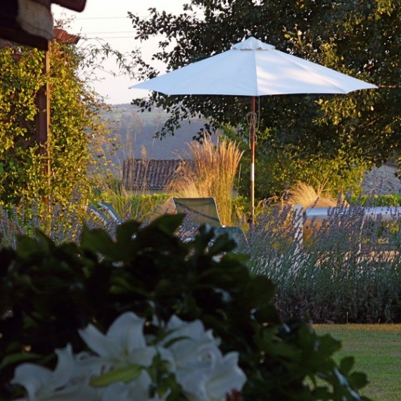 Evening sun catches the ornamental grasses with the view towards the Dordogne river. Garden designed by Carolyn Grohmann.