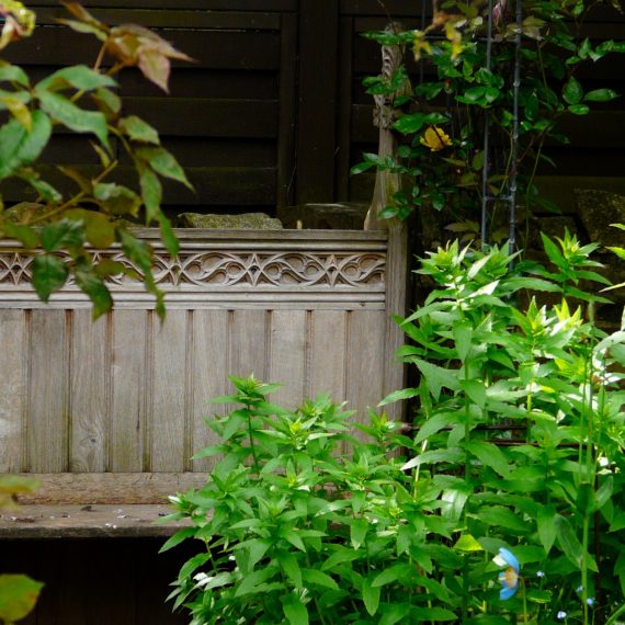 Oak pew, Kate Atkinson's garden, designed by Carolyn Grohmann