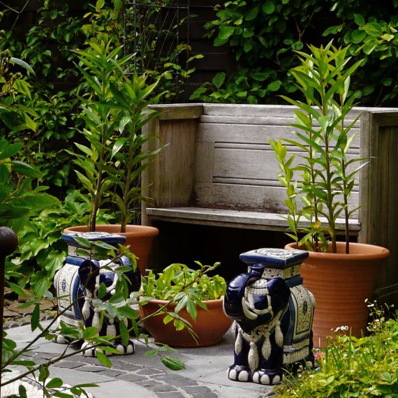 Oak pew, Kate Atkinson's garden, designed by Carolyn Grohmann