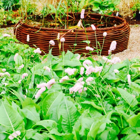 Basketweave bird bath by Ratho Byres Forge, garden designed by Carolyn Grohmann