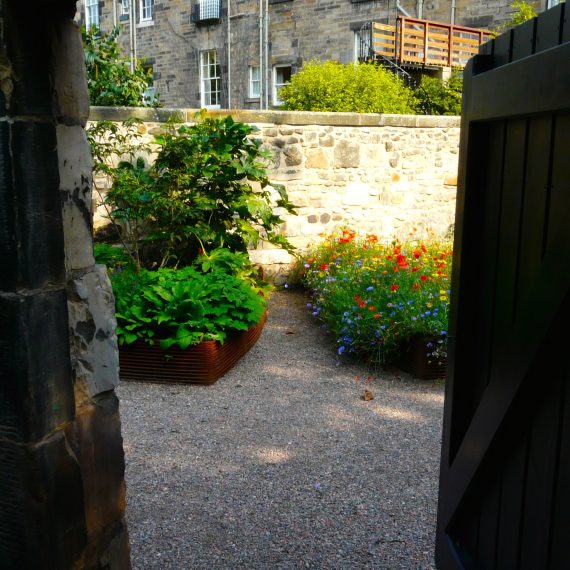 Woven rebar raised beds, Eton Terrace garden designed by Carolyn Grohmann