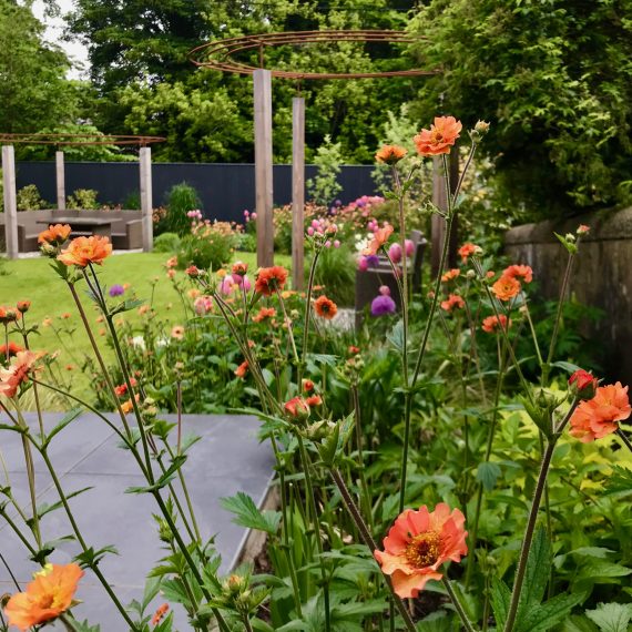 Larch and rebar pergolas, circular lawns and lush herbaceous planting designed by Carolyn Grohmann