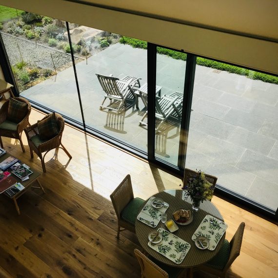 View from mezzanine level of patio. Garden designed by Carolyn Grohmann