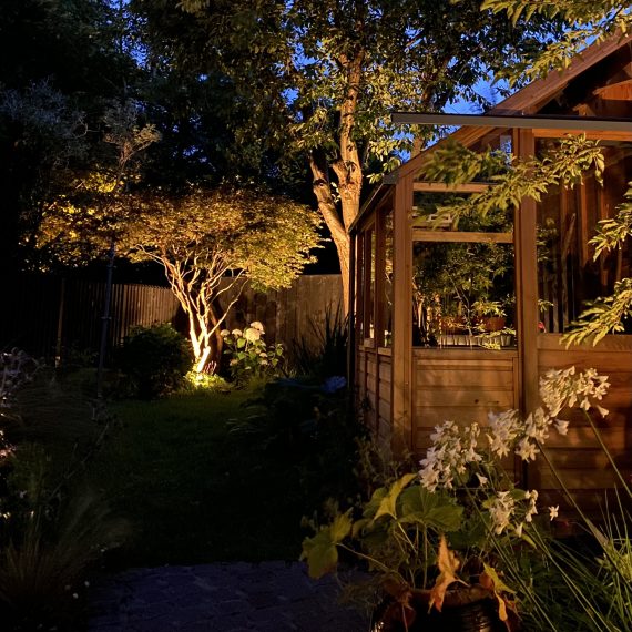 Shandon garden at night with cedar greenhouse