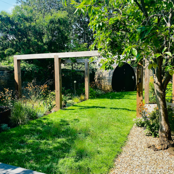 Scottish larch pergola and UHut in background