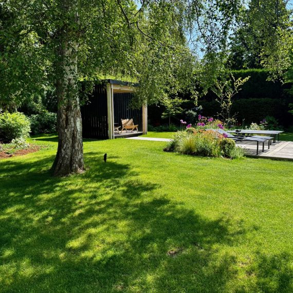 View of covered pergola seating