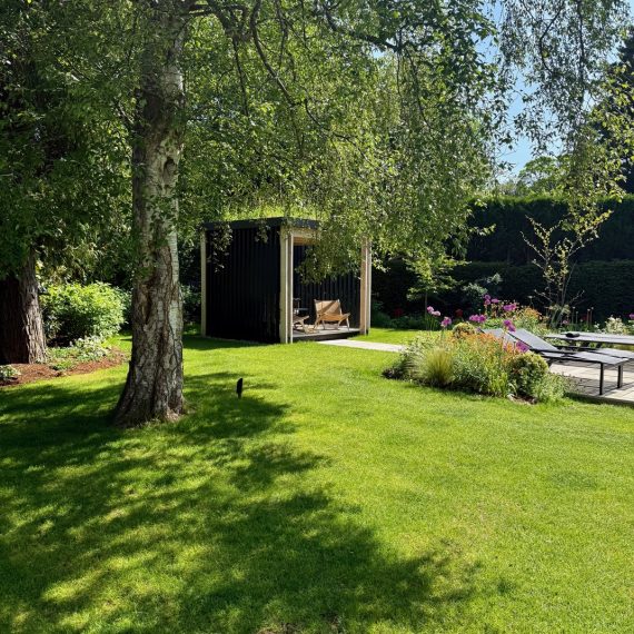View of covered pergola seating